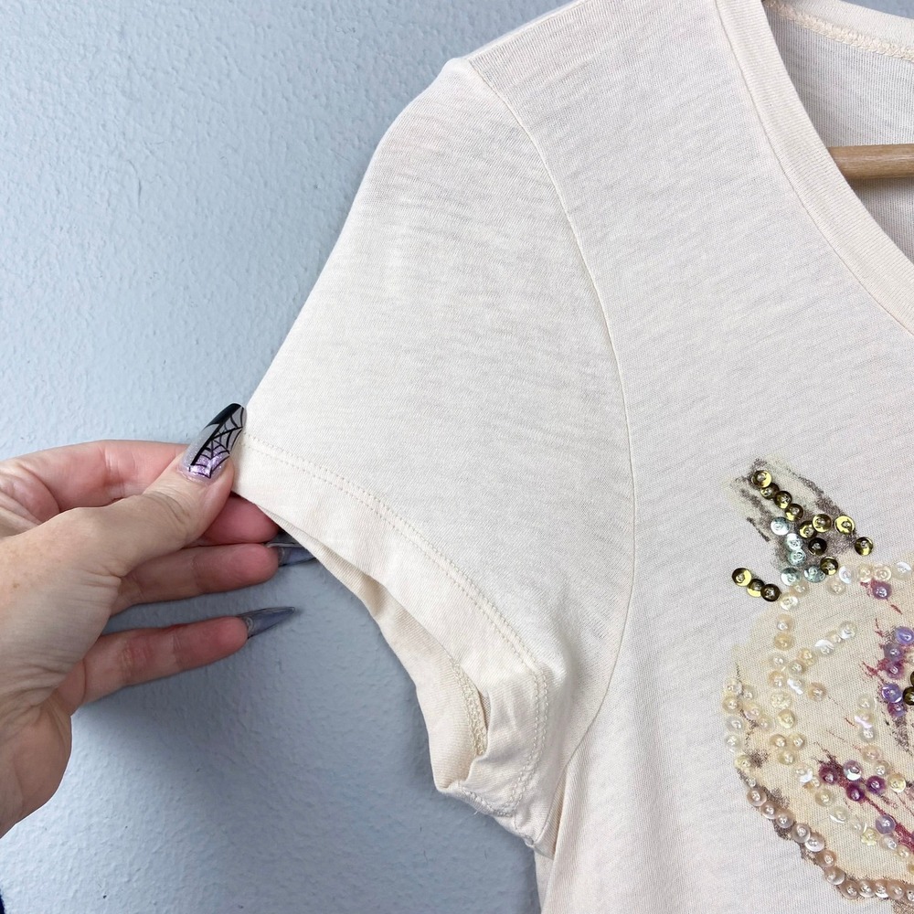 J.Crew Beaded Floral Sequin Embellished T Shirt Top Size M Y2K Fairy Baby Tee - Picture 4 of 10